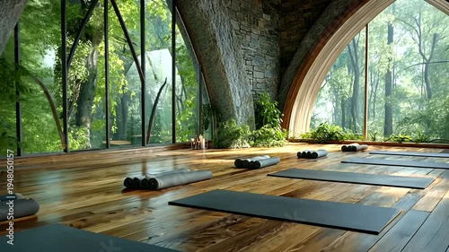 yoga studio with forest views.