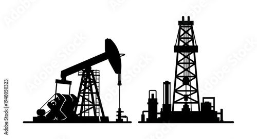 Silhouette of Oil Rigs and Pumpjacks in Industrial Landscape.