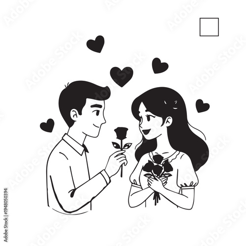 Romantic couple sharing a toast with flowers and hearts in a simple line art illustration.