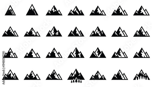 Collection of black mountain landscape icons with peaks and nature elements arranged in grid, adventure and outdoor travel symbol set isolated on white