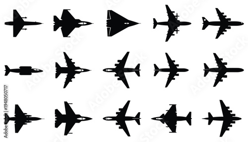 Collection of military aircraft silhouettes with fighter jets, bombers and transport planes, aviation vector set for air force, defense design, aviation infographic and aerospace themes