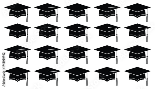 Set of black graduation cap mortarboard silhouettes with tassels arranged in grid, academic education symbol collection isolated on white background for school university ceremony design