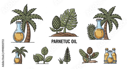 Parnetuc Oil Illustration - Tropical Plants and Oil Bottles.