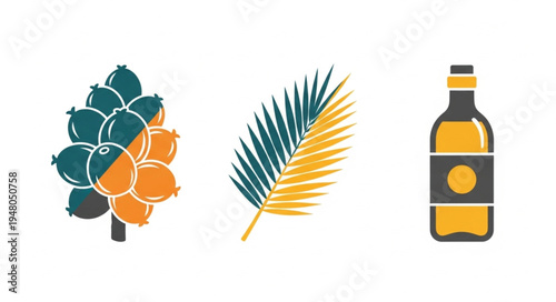 Palm Oil Fruits, Leaf, and Bottle Vector Illustration.