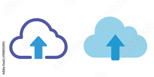 Flat vector cloud computing icon, simple cloud with upload arrow, modern technology symbol, white background.