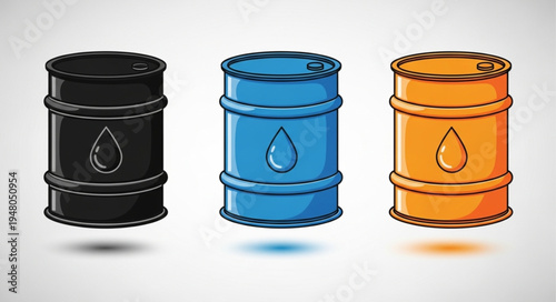 Three Colorful Oil Barrels Representing Petroleum Industry and Energy Resources.