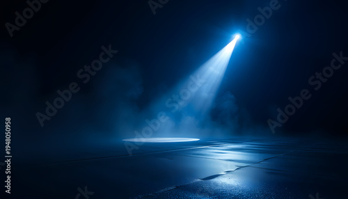 Rays searchlight light blue neon . Dark empty scene with  smoke. Reflections on wet asphalt, one line art. White tone