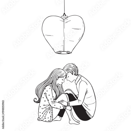 Romantic illustration of a couple reading a book together beneath a hanging lamp with a heart-shaped centerpiece.