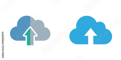 Flat vector cloud computing icon, simple cloud with upload arrow, modern technology symbol, white background.
