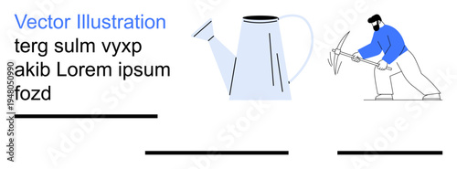 Gardening, agriculture, manual labor, farming, tools, sustainable practices. a watering can and a worker using a pickaxe. Gardening and agriculture tools concept