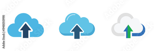 Flat vector cloud computing icon, simple cloud with upload arrow, modern technology symbol, white background.