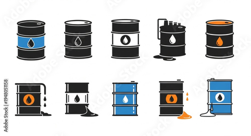 Collection of Oil Barrels with Various Designs and Colors.