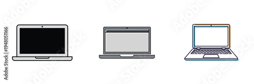 Laptop device icon, flat vector graphic, minimal thin-line design, sleek digital style, white background.