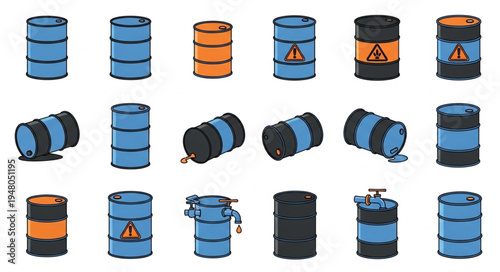 Collection of Colorful Toxic Waste Barrels in Various Poses.