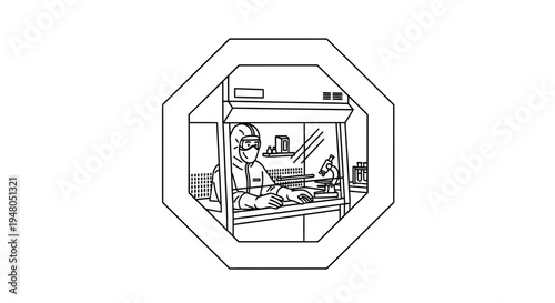 Scientist in protective suit working in sterile laboratory fume hood with microscope