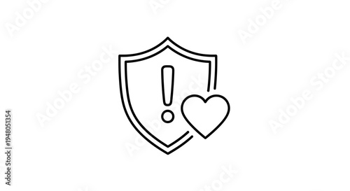 Shield with Heart and Exclamation Mark Icon: Health Safety and Alert Concept