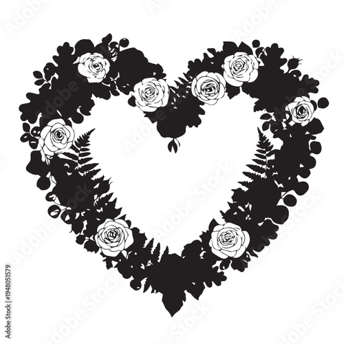 Silhouette of a Heart Shaped Floral Arrangement with Roses and Leaves.