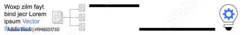 Data management, innovation, workflow automation, file sharing, process optimization, creativity concepts. Multiple documents linked to a gear-shaped idea bulb icon. Innovation and data management