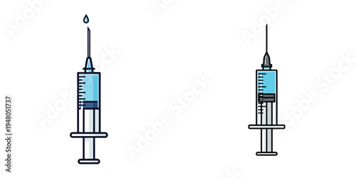 Flat vector syringe vaccination icon, minimal medical tool design, clean lines, white background