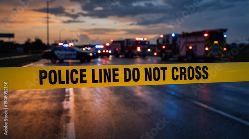 Emergency response at a highway scene after a traffic incident with police and fire units on duty during twilight hours