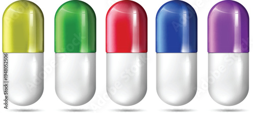 Collection of multi colored medical pills for pharmacy icons vector