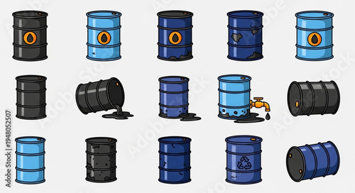 Collection of Oil Barrels in Various Colors and Positions.