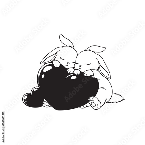 Two rabbits cuddling over a large black heart illustration on white background.