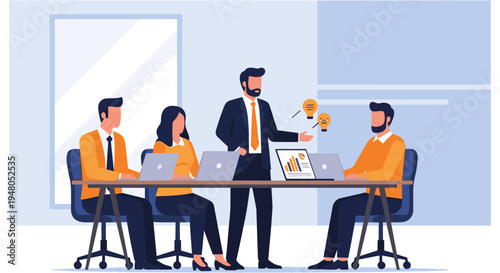 Business team meeting in modern office with laptops in flat illustration style with vibrant colors in clean minimalistic design for corporate website