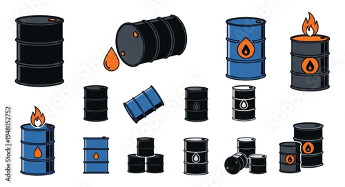 Collection of Oil Barrels in Various States and Colors.