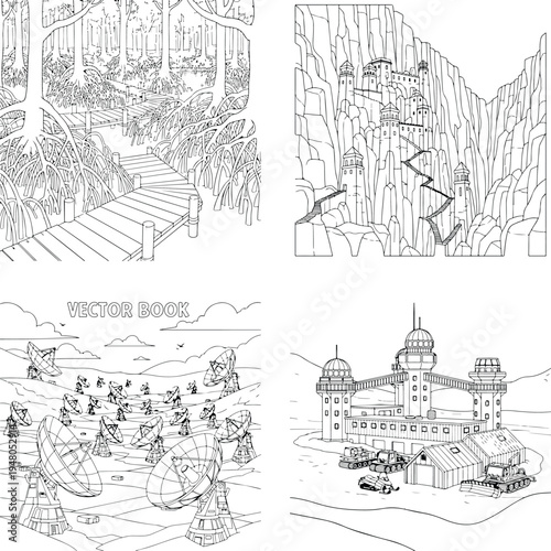 Harbor with fishing boats and waterfront buildings with black and white