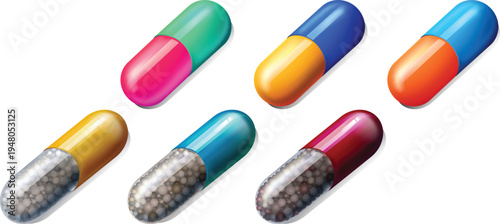 Realistic pharmaceutical medicine capsules for healthcare and pharmacy design vector