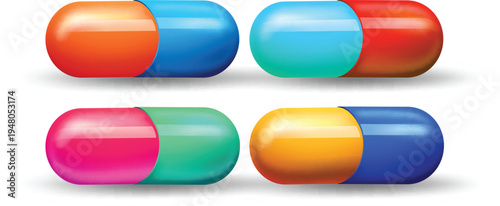 Set of transparent and solid medicine capsules with granules vector