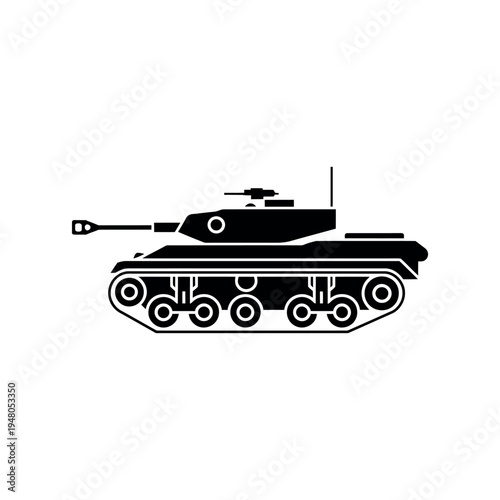 Black silhouette of a military tank white background