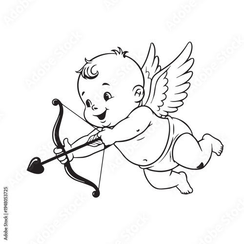 Cheerful cherub archer with bow and quiver flying in midair illustration.