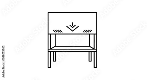 Minimalist line art icon of a laboratory fume hood with down arrow symbol