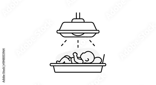 Newborn baby under phototherapy lamp for jaundice treatment, medical care icon