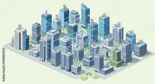 3D Cityscape with Modern Skyscrapers and Buildings.