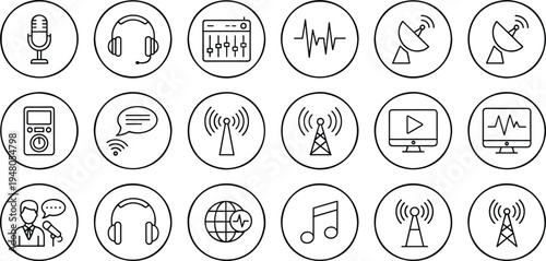 Podcast and broadcasting icon set featuring studio microphone with headphones and radio equipment for professional audio recording and streaming.