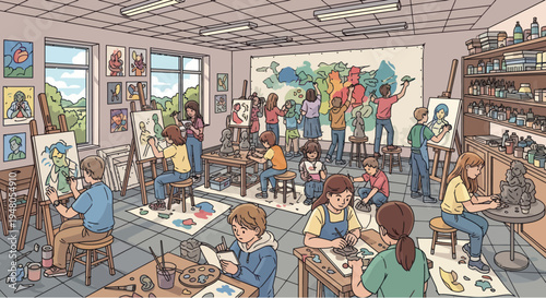 Children's Art Class: Young artists painting, drawing, and sculpting in a bright, cheerful studio.