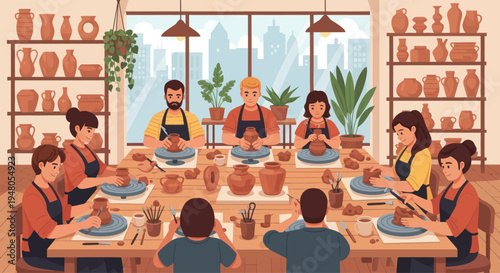 Diverse people learning pottery class creating ceramic art in studio workshop