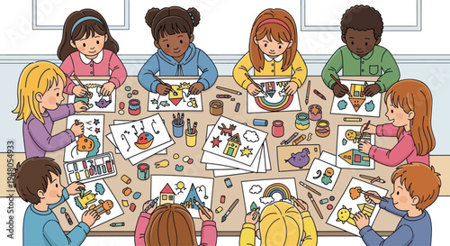 Diverse children drawing and crafting together at a table, creative art class