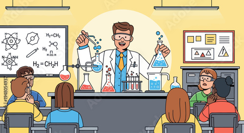 Science Teacher Demonstrating Experiment to Students in Classroom