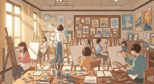 Art Class Scene: Students Painting at Easels in a Sunlit Studio