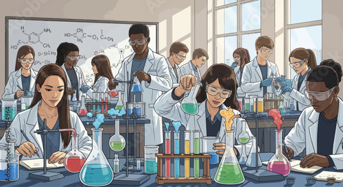 Diverse students in lab coats conduct experiments, mixing colorful liquids in science class.