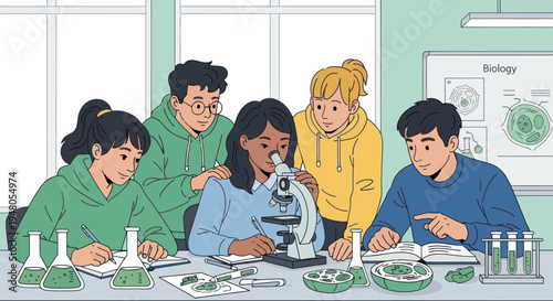 Diverse students in science class using microscope for biology experiment