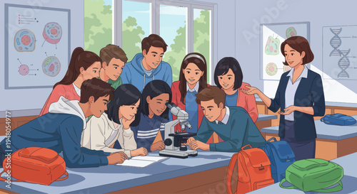 Diverse students learning biology with teacher in a modern classroom with microscope