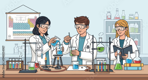 Students Conducting Chemistry Experiment in Laboratory with Periodic Table