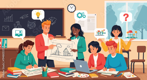 Diverse students collaborating on project with teacher in bright classroom