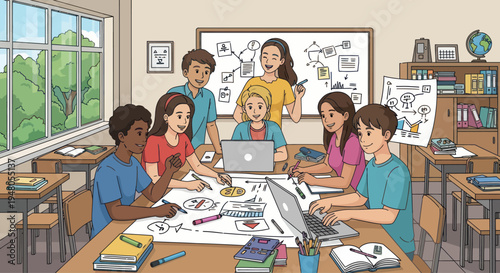 Diverse students collaborating on project in bright classroom with mind maps