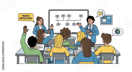 Принти на полотні Diverse students in classroom learning about French Revolution history from teachers